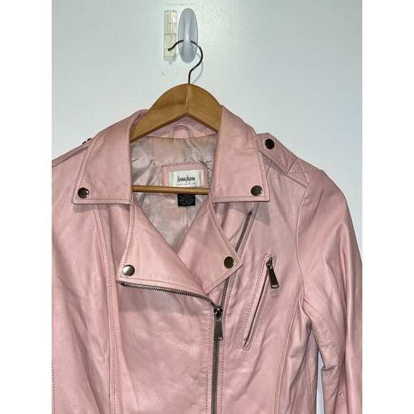 Neiman Marcus Genuine Pink Leather Zipper Pockets Moto Jacket Women's Size S - Picture 5 of 9